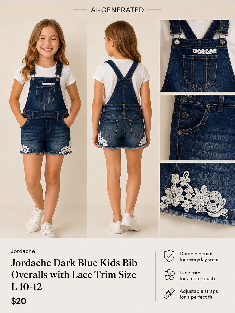 Jordache Dark Blue Kids Bib Overalls with Lace Trim Size L 10-12